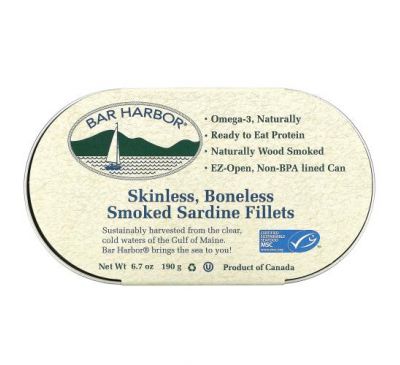 Bar Harbor, Skinless, Boneless Smoked Sardine Fillets, 6.7 oz (190 g)