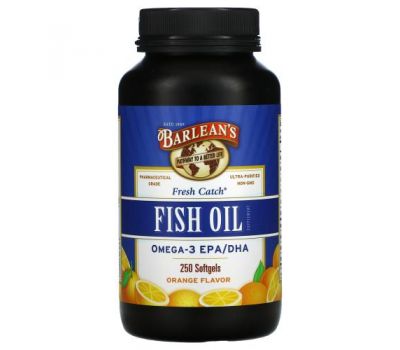 Barlean's, Fresh Catch, добавка с рыбьим жиром, омега-3 ЭПК/ДГК, со вкусом апельсина, 250 мягких желатиновых капсул