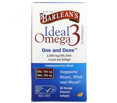 Barlean's, Ideal Omega 3, Orange , 1,000 mg EPA/DHA, 60 Softgels