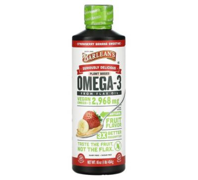 Barlean's, Seriously Delicious, Omega-3 from Flax Oil, Strawberry Banana Smoothie, 2,968 mg, 16 oz (454 g)