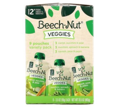 Beech-Nut, Veggies, Variety Pack, Stage 2, 9 Pouches, 3.5 oz (99 g) Each
