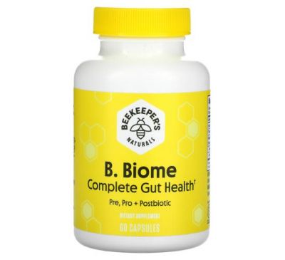 Beekeeper's Naturals, B. Biome Complete Gut Health, Pre, Pro + Postbiotic, 60 Capsules