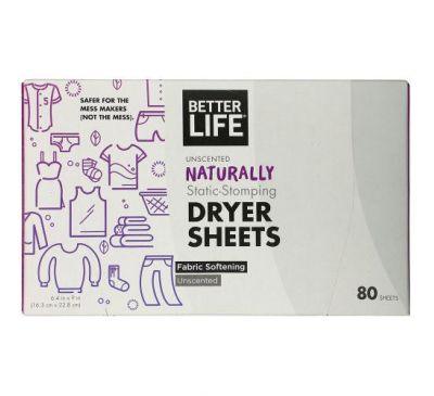Better Life, Naturally Static-Stomping Dryer Sheets, Unscented, 80 Sheets