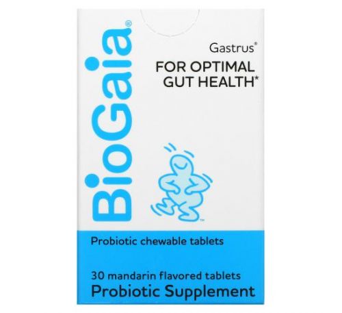 BioGaia, Gastrus, засіб для підтримки оптимального здоров’я шлунку, мандарин, 30 жувальних таблеток