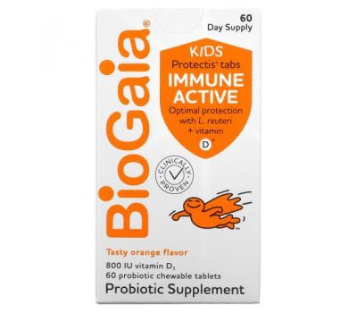 BioGaia, Kids, Immune Active with L. Reuteri + Vitamin D, Orange, 60 Probiotic Chewable Tablets