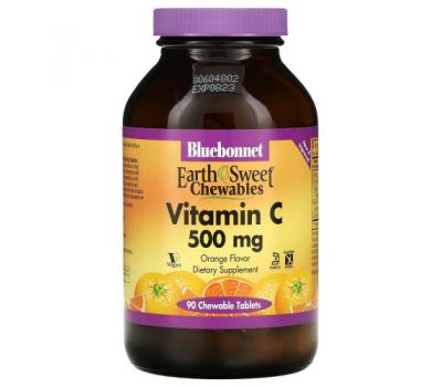Bluebonnet Nutrition, EarthSweet, жевательные таблетки, витамин C, апельсин, 500 мг, 90 жевательных таблеток