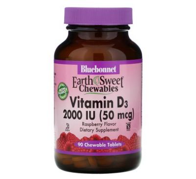 Bluebonnet Nutrition, Earth Sweet Chewables, витамин D3, со вкусом малины, 2000 МЕ, 90 жевательных таблеток