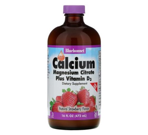 Bluebonnet Nutrition, Liquid Calcium, Magnesium Citrate Plus Vitamin D3, Natural Strawberry Flavor, 16 fl oz (472 ml)