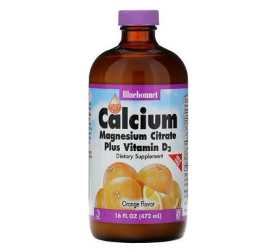 Bluebonnet Nutrition, Жидкий кальция и магния цитрат плюс витамин D3, натуральный апельсиновый вкус, 16 жидких унций (472 мл)