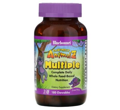 Bluebonnet Nutrition, Rainforest Animalz, мультивитамин на основе цельных продуктов, натуральный ароматизатор со вкусом винограда, 180 жевательных таблеток в форме животных
