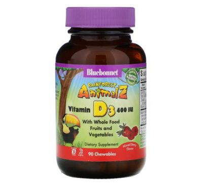 Bluebonnet Nutrition, Rainforest Animalz, витамин D3 с натуральным ягодным вкусом, 400 МЕ, 90 жевательных таблеток