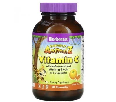 Bluebonnet Nutrition, Super Earth, Rainforest Animalz, витамин С, натуральный апельсиновый вкус, 90 жевательных таблеток в форме животных