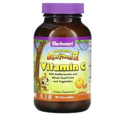 Bluebonnet Nutrition, Super Earth, Rainforest Animalz, вітамін C, натуральний апельсиновий смак, 90 жувальних таблеток у формі тваринок