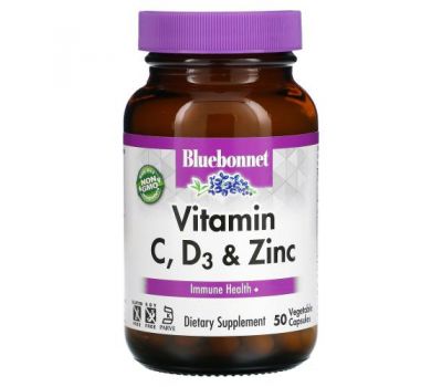 Bluebonnet Nutrition, Vitamin C, D3 & Zinc, 50 Vegetable Capsules