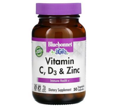 Bluebonnet Nutrition, витамины C, D3 и цинк, 50 растительных капсул