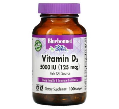 Bluebonnet Nutrition, Vitamin D3, 125 mcg (5,000 IU), 100 Softgels