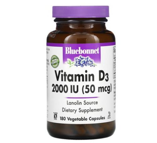 Bluebonnet Nutrition, Vitamin D3, 50 mcg (2,000 IU), 180 Vegetable Capsules