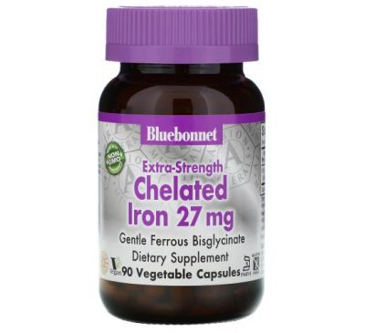 Bluebonnet Nutrition, хелатоване залізо посиленої дії, 27 мг, 90 рослинних капсул