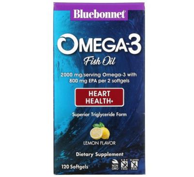 Bluebonnet Nutrition, омега-3 риб’ячий жир, для здоров’я серця, смак лимону, 120 капсул