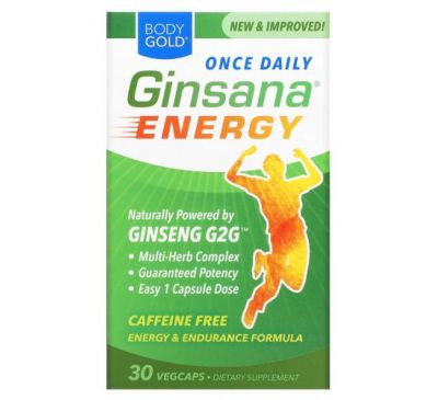 BodyGold, Ginsana Energy, без кофеина, 30 вегетарианских капсул