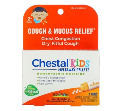 Boiron, Chestal Kids Meltaway Pellets, Cough & Mucus Relief, 2+ Years, 2 Tubes, Approx. 80 Pellets Each