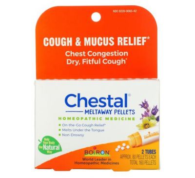 Boiron, Chestal Meltaway Pellets, Cough & Mucus Relief, 2 Tubes, Approx. 80 Pellets Each