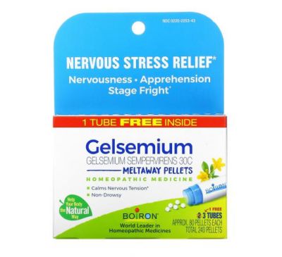 Boiron, Gelsemium, Nervous Stress Relief, Meltaway Pellets, 30C, 3 Tubes, Approx. 80 Pellets Each