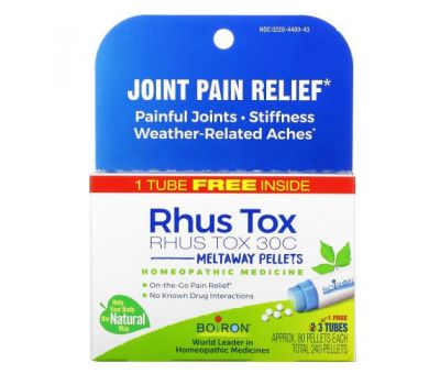 Boiron, Rhus Tox, Joint Pain Relief, Meltaway Pellets, 30C, 3 Tubes, 80 Pellets Each