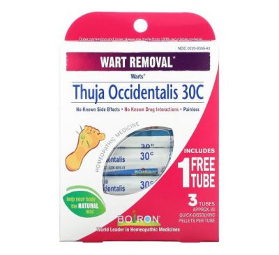 Boiron, Thuja Occidentalis 30C, Wart Removal, 3 Tubes, Approx 80 Pellets Per Tube