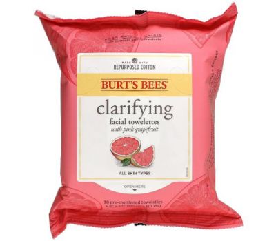 Burt's Bees, Clarifying Facial Towelettes With Pink Grapefruit,  30 Pre-Moistened Towelettes