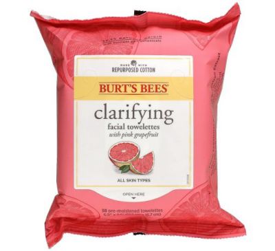 Burt's Bees, Очищающие салфетки для лица с розовым грейпфрутом, 30 предварительно увлажненных салфеток