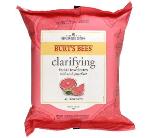 Burt's Bees, Clarifying Facial Towelettes With Pink Grapefruit,  30 Pre-Moistened Towelettes