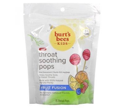 Burt's Bees, Kids, Throat Soothing Pops, 3+ Years, Fruit Fusion, 15 Throat Pops