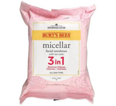Burt's Bees, Міцелярні рушники для обличчя 3-в-1 з рожевою водою, 30 попередньо зволожених рушників