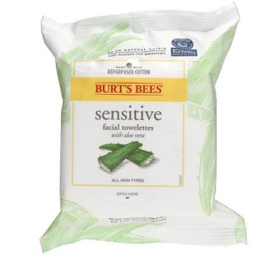 Burt's Bees, Sensitive Facial Towelettes, With Aloe Vera, 30 Pre-Moistened Towelettes