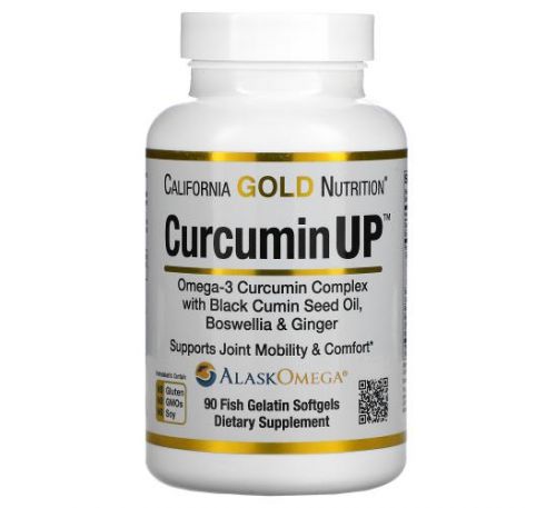 California Gold Nutrition, Curcumin UP, комплекс куркуміну та омега-3, підтримка рухливості і комфорт суглобів, 90 капсул з риб’ячого желатину