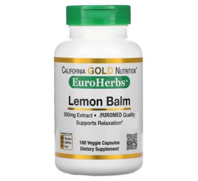 California Gold Nutrition, EuroHerbs, екстракт меліси лікарської, європейська якість, 500 мг, 180 вегетаріанських капсул