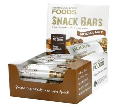 California Gold Nutrition, Foods, жевательные батончики-мюсли с мокко и орехами, 12 шт., по 40 г (1,4 унции) каждый