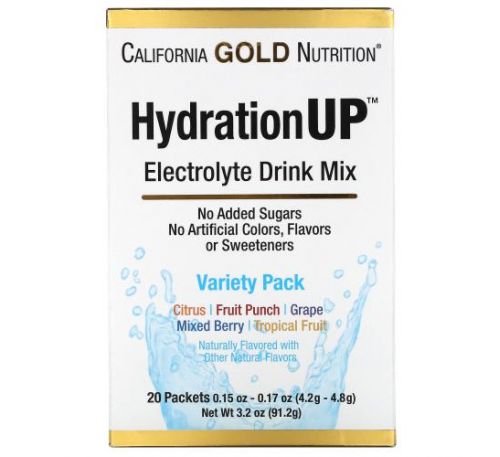 California Gold Nutrition, HydrationUP, суміш для напоїв з електролітами, асорті смаків, 20 пакетиків по 4,2 г (0,15 унції)