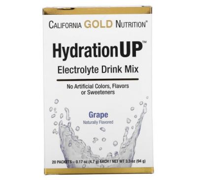 California Gold Nutrition, HydrationUP, суміш для напоїв з електролітами, виноградний смак, 20 пакетиків по 4,7 г (0,17 унції)