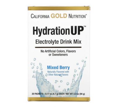 California Gold Nutrition, HydrationUP, суміш для приготування напою з електролітами, ягідне асорті, 20 пакетиків по 4,7 г (0,17 унції)