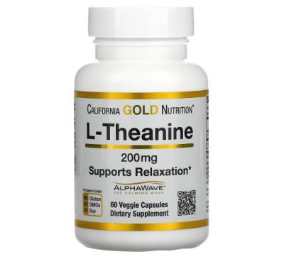 California Gold Nutrition, L-Theanine, AlphaWave, підтримує розслаблення, сприяє спокійній зосередженості, 200 мг, 60 капсул на основі рослинних компонентів