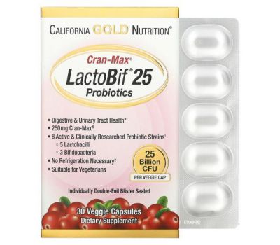 California Gold Nutrition, LactoBif, Cran-Max, пробіотики, 25 млрд КУО, 30 рослинних капсул
