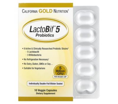 California Gold Nutrition, LactoBif, пробіотики, 5 млрд КУО, 10 рослинних капсул