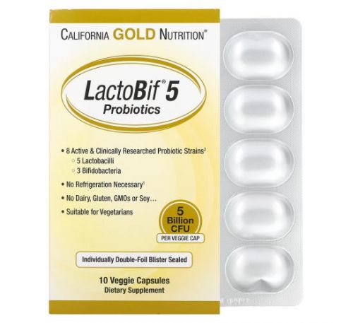 California Gold Nutrition, LactoBif, пробіотики, 5 млрд КУО, 10 рослинних капсул