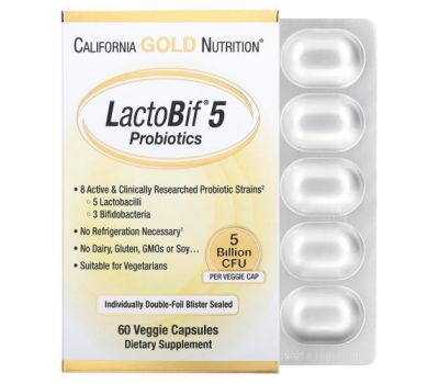 California Gold Nutrition, LactoBif, пробіотики, 5 млрд КУО, 60 вегетаріанських капсул