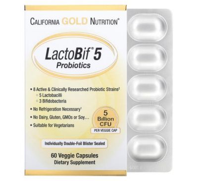 California Gold Nutrition, LactoBif, пробіотики, 5 млрд КУО, 60 вегетаріанських капсул