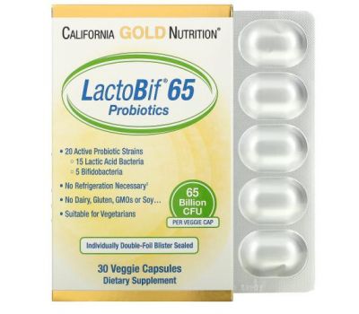 California Gold Nutrition, LactoBif, пробіотики, 65 млрд КУО, 30 рослинних капсул