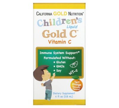 California Gold Nutrition, Liquid Gold, вітамін C у рідкій формі для дітей, клас USP, зі смаком терпкого апельсину, 118 мл (4 рідк. унціі)