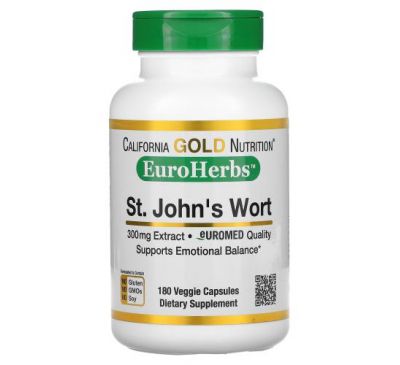 California Gold Nutrition, St. John's Wort Extract, EuroHerbs, European Quality, 300 mg, 180 Veggie Capsules